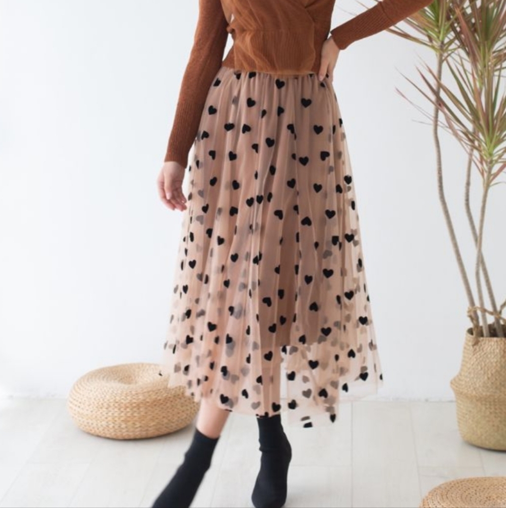Chicwish Beige Tulle Maxi Skirt with Black Heart Print